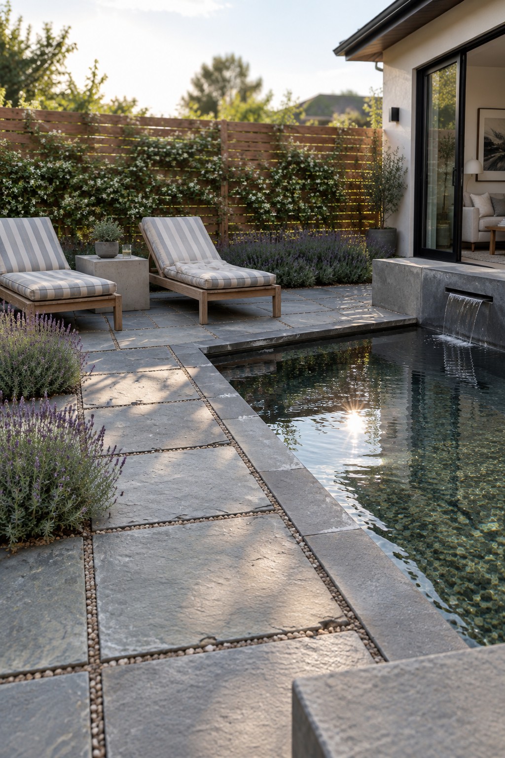 Backyard with large rectangular gray stone pavers separated by gravel, bordering a rectangular pool with two striped lounge chairs on the patio.