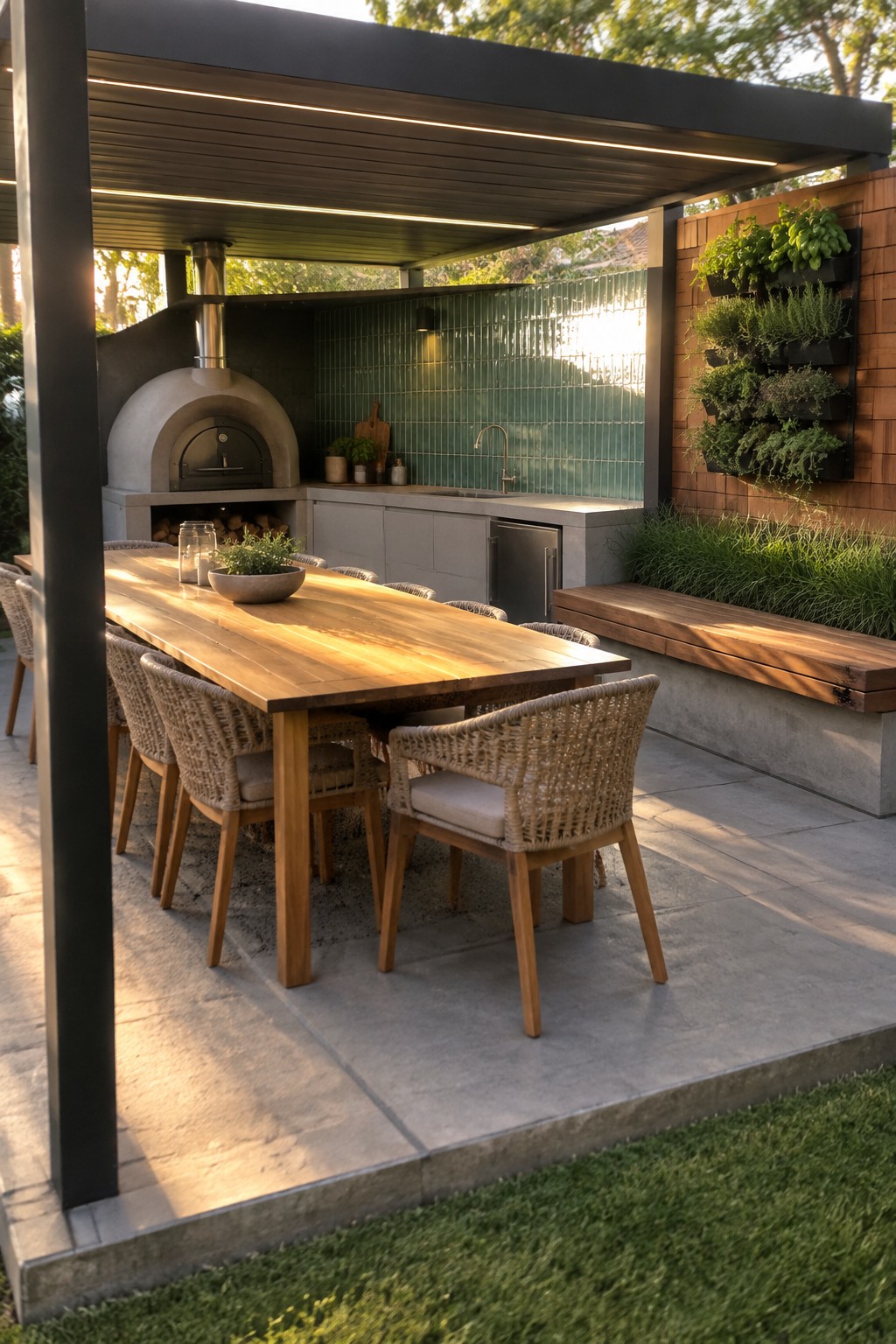 Outdoor patio with wooden dining table, pizza oven, kitchen, and herb garden.