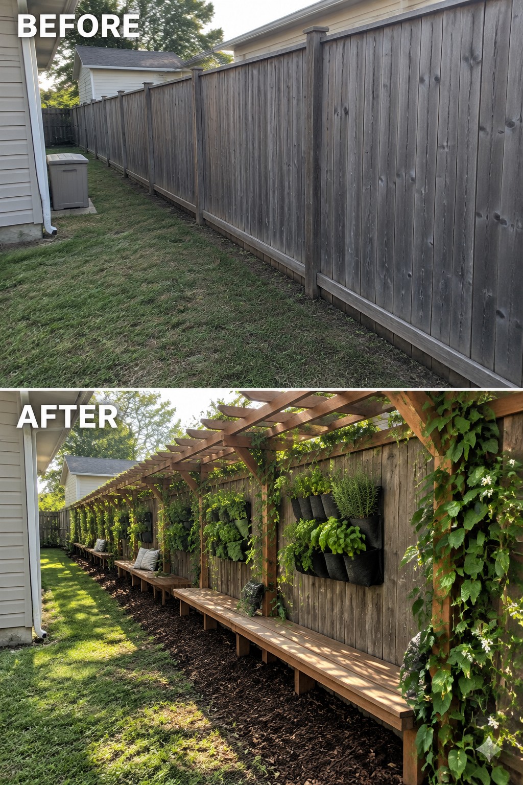 Before and after backyard fence with pergola, benches, and vertical gardens