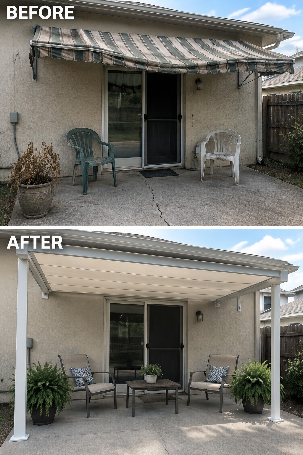 Before-and-after image of a patio where a striped awning was replaced by a white pergola shade structure with updated seating and plants.