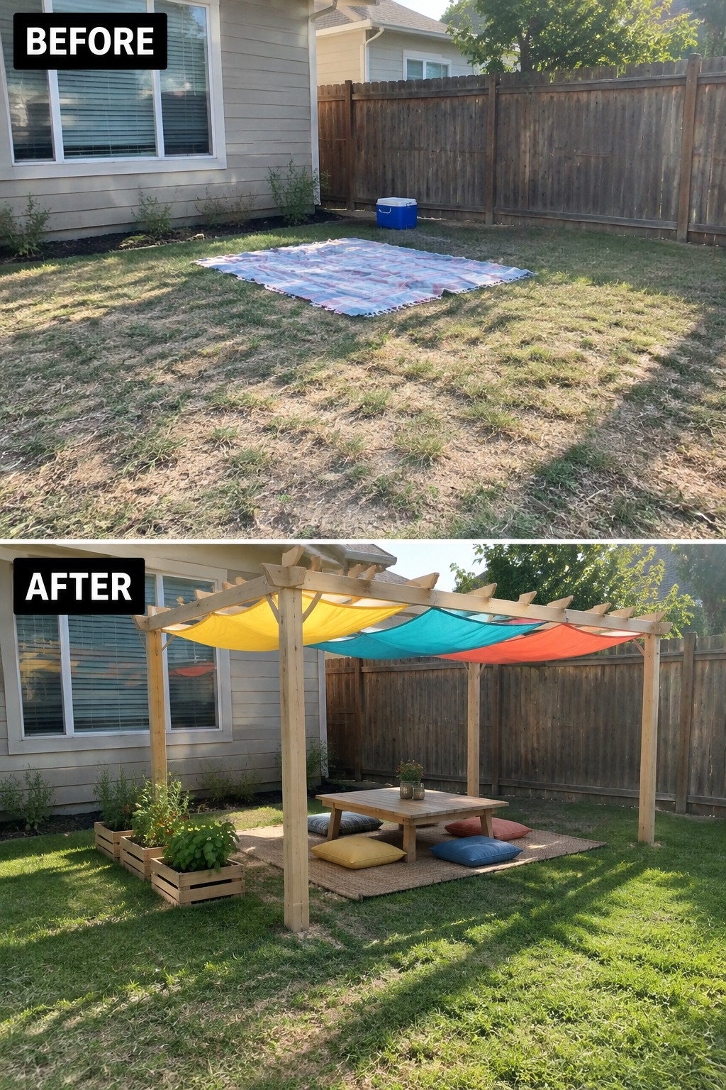 Before and after backyard with new pergola, colorful shades, table and cushions