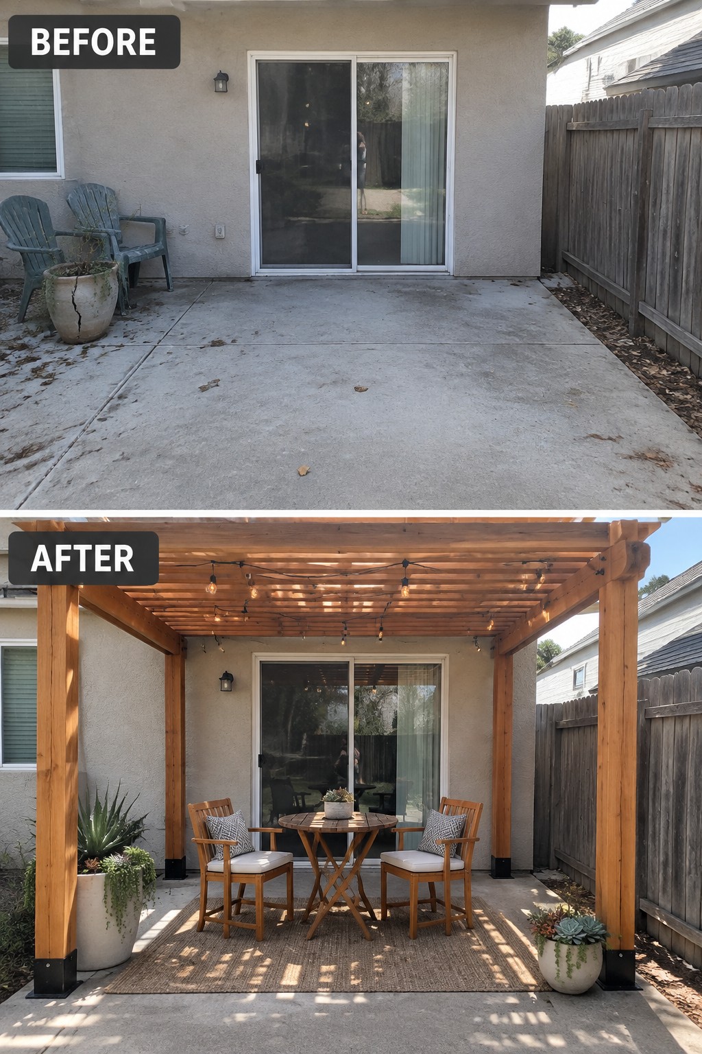 Before-and-after image of a bare concrete patio transformed by adding a wooden pergola with string lights, seating, and a rug.