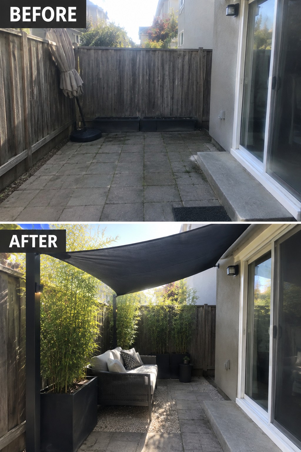 Before and after patio transformation with black shade sail, sofa and plants