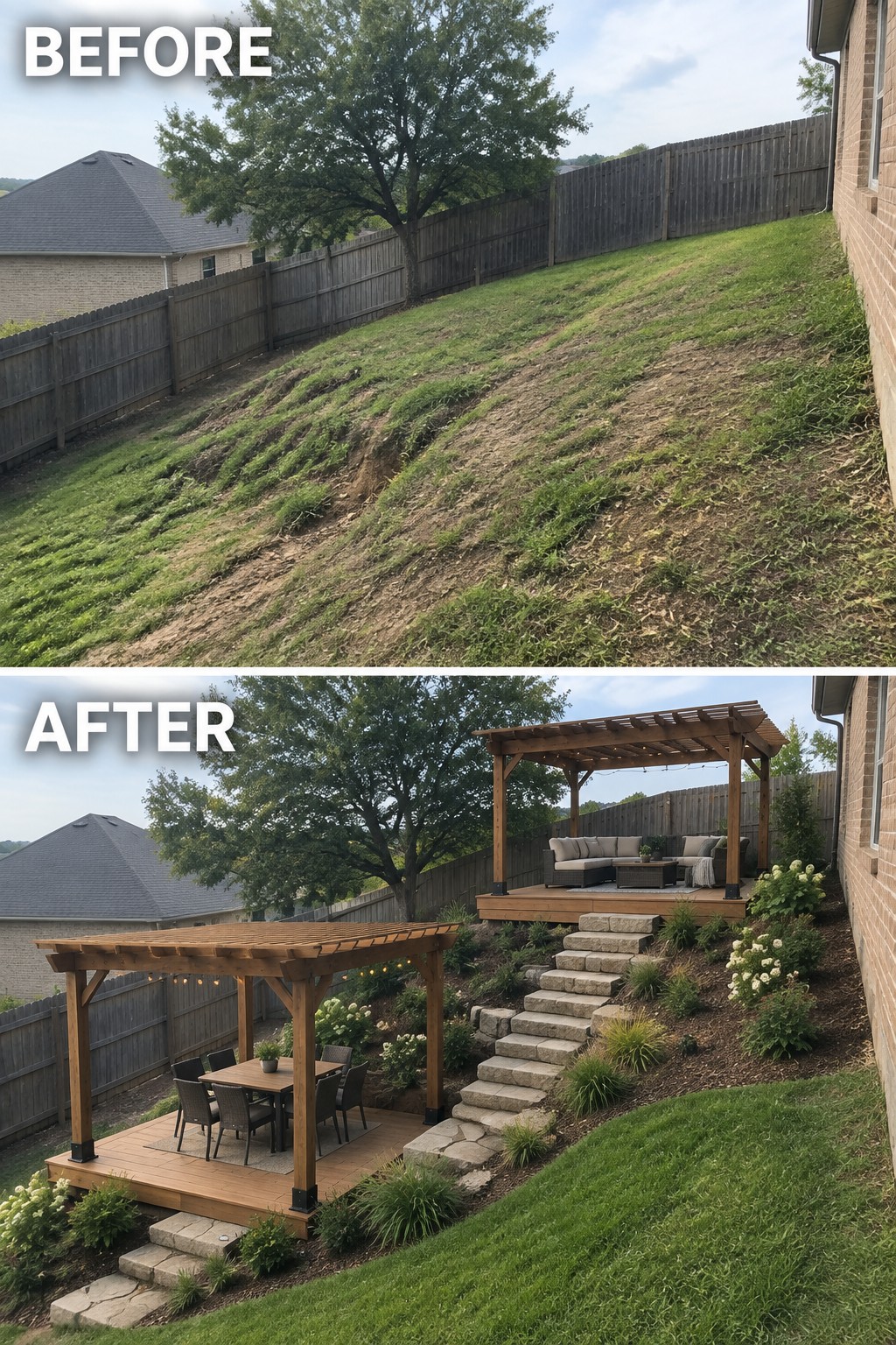 Before grassy slope and after with wooden pergolas, decks, and stone steps