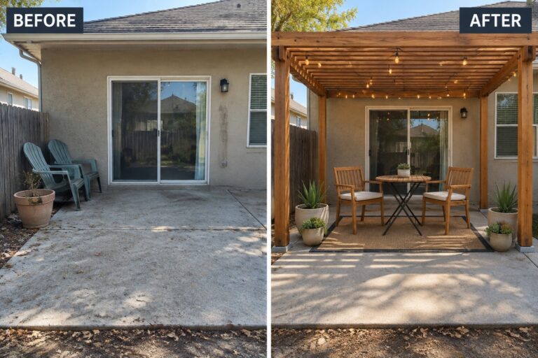 23 Modern Backyard Makeover Ideas Featuring Pergolas and Shade Structures Before-and-after image of a bare concrete patio transformed by adding a wooden pergola with string lights, seating, and a rug.
