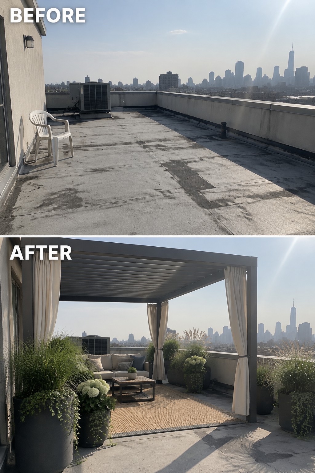 Before and after rooftop terrace with pergola, sofa, rug, and lush plants.