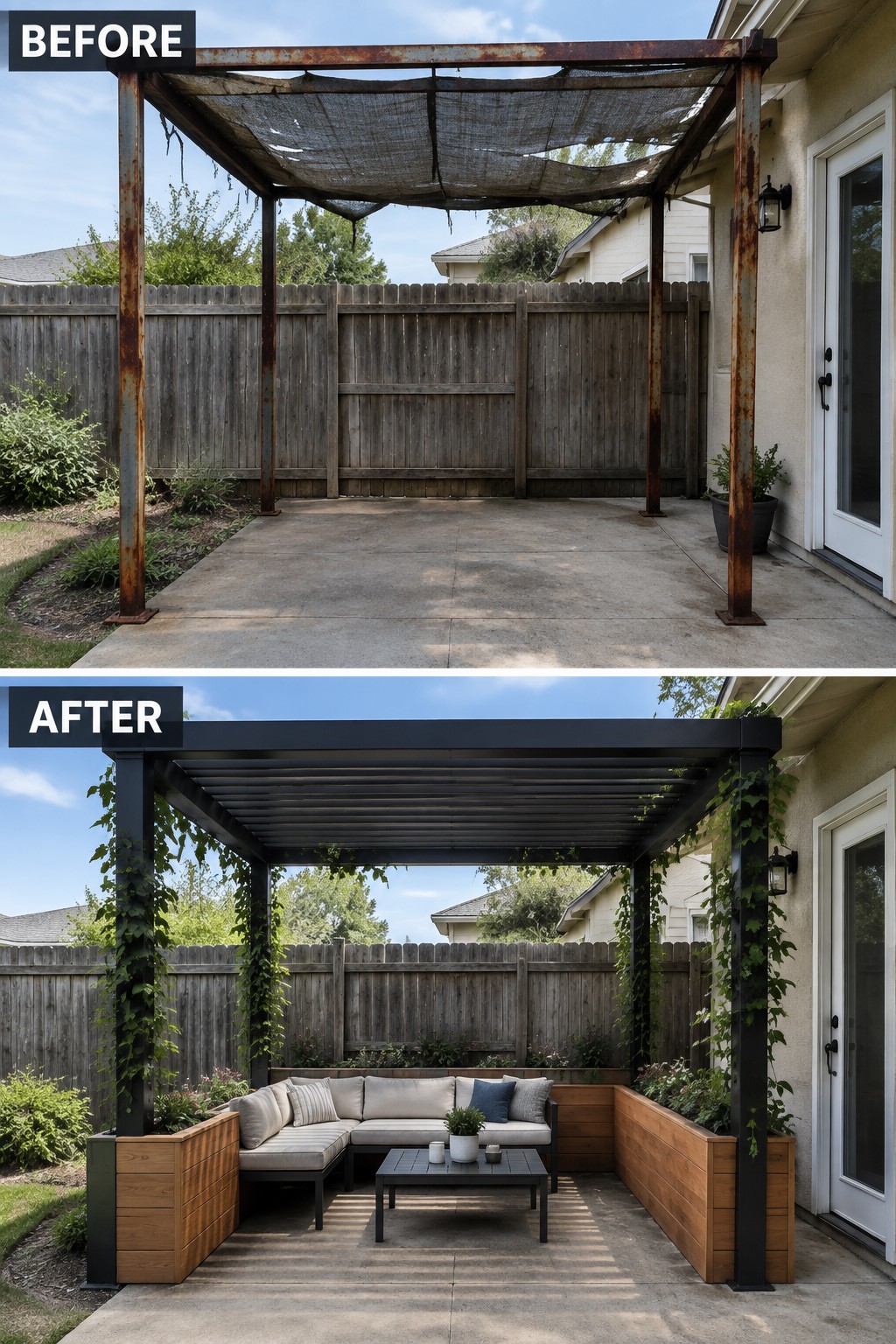 Before rusty pergola above modern black one with patio seating and plants below.