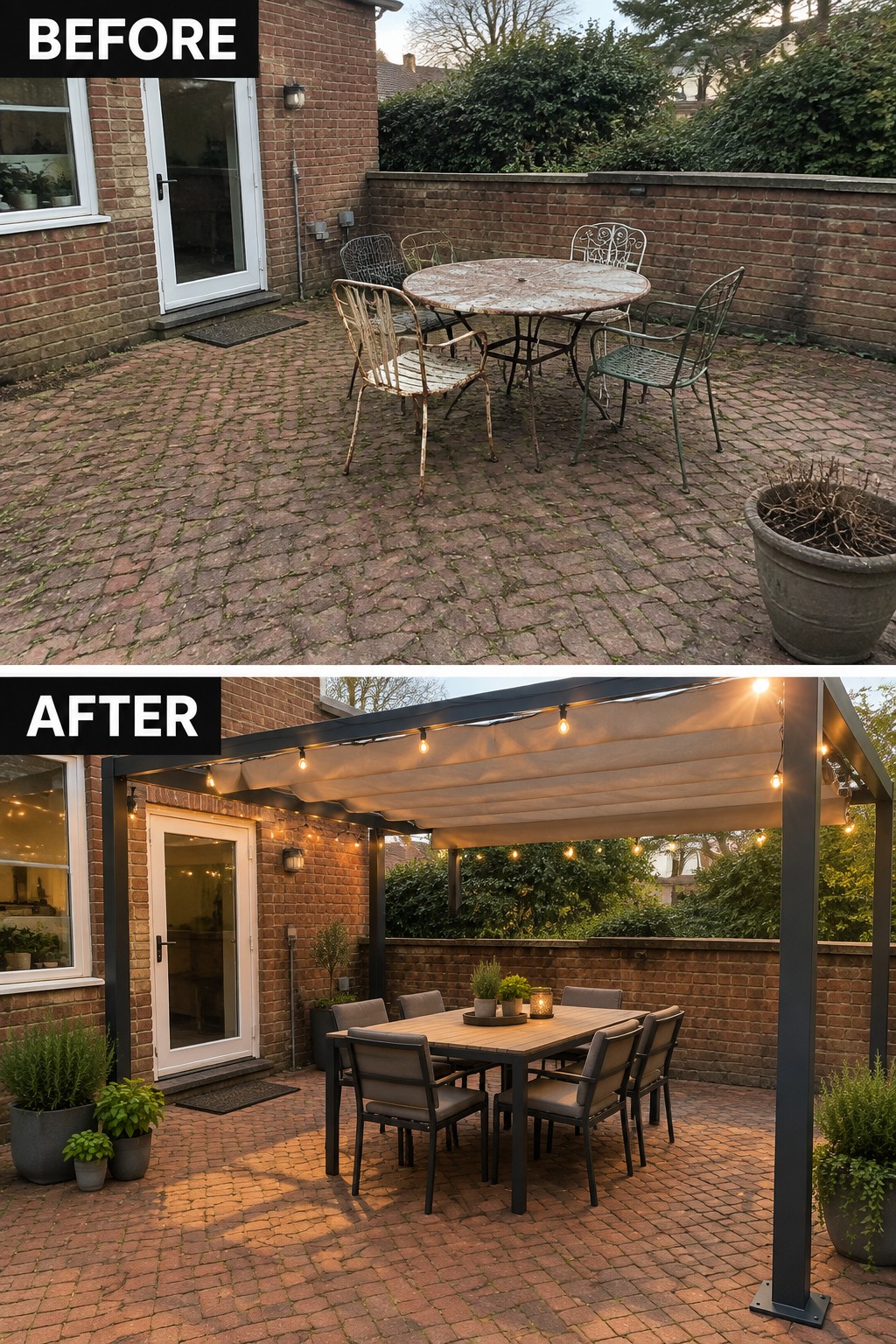 Before rusty chairs and after modern lit pergola with new dining set on patio