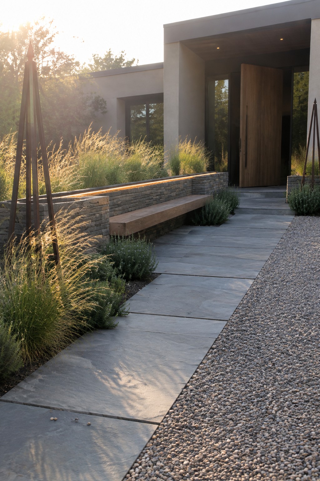 Modern front yard with stone paver walkway, gravel border, raised stone retaining wall with integrated wooden bench, linear lighting, and ornamental grasses beside a house entrance.