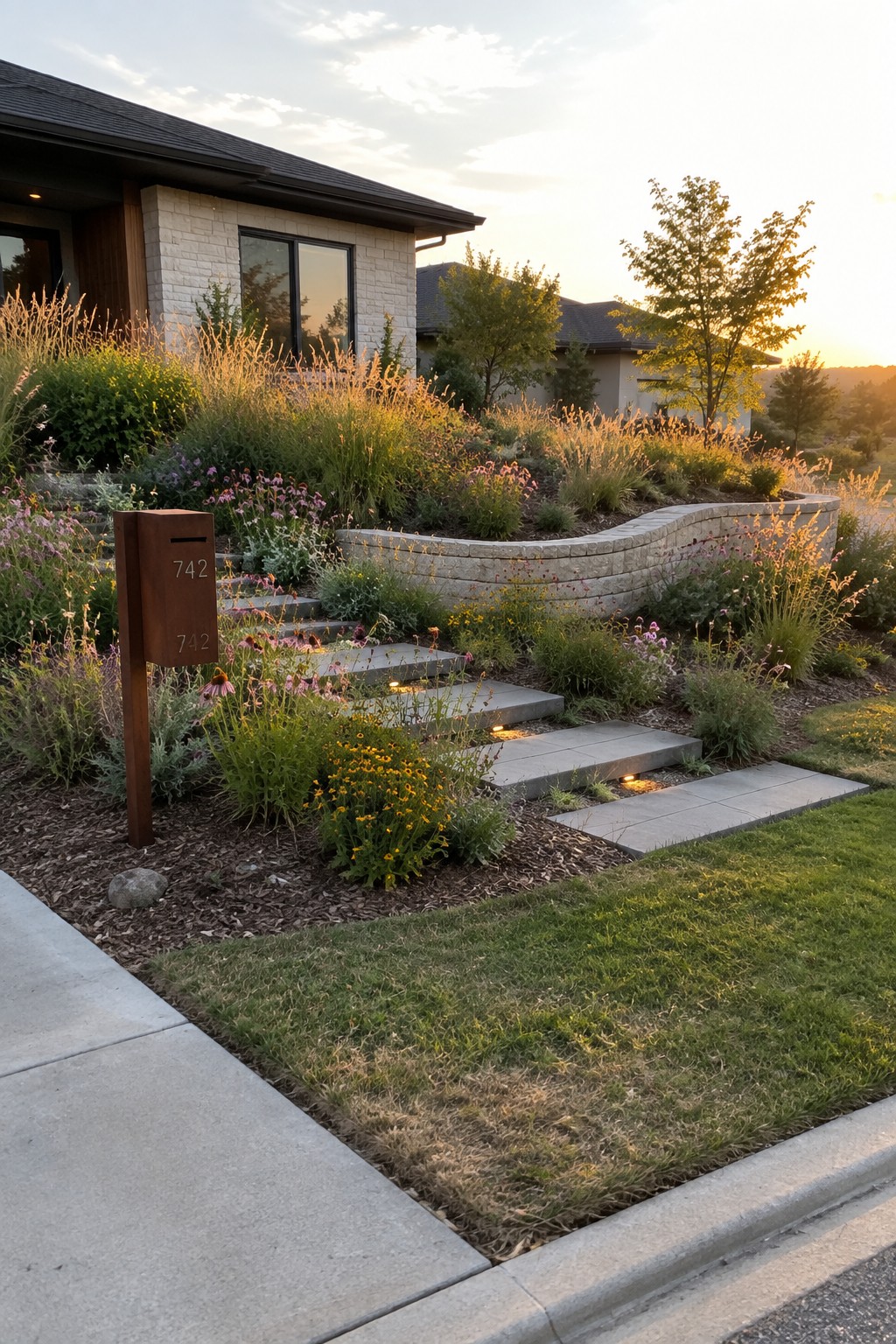 Modern house with wildflower garden, lit stone steps, and rusty mailbox at sunset.
