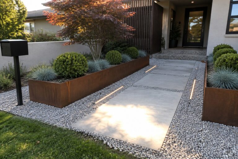Modern lit concrete pathway on gravel beside rusted steel planters and mailbox