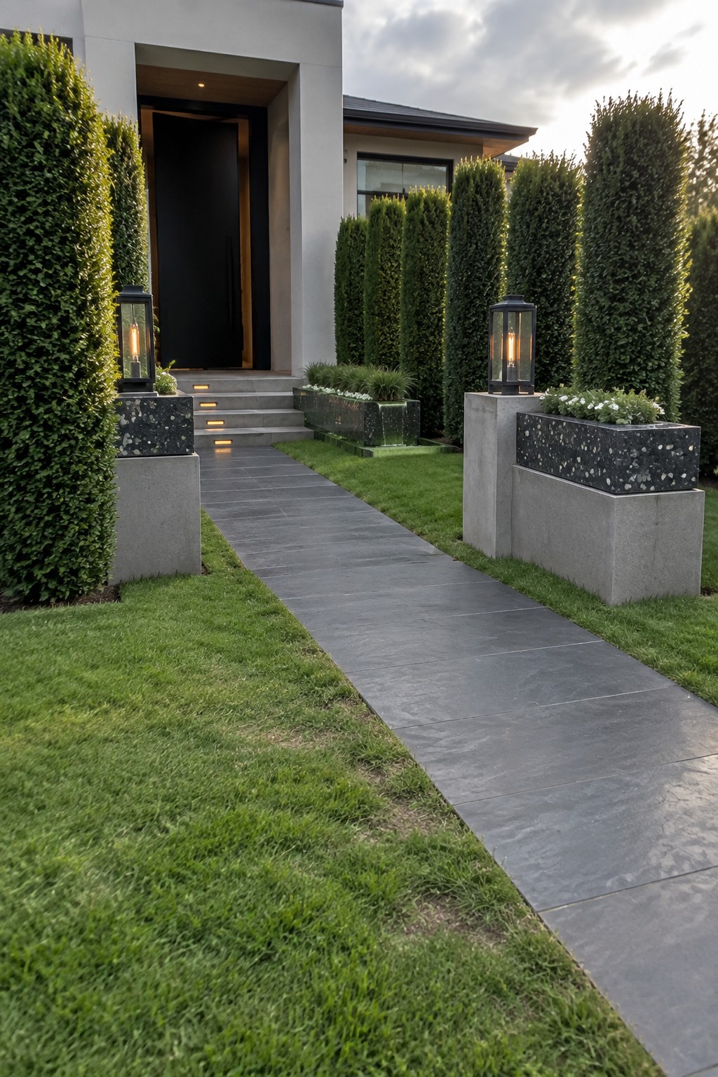 Modern house entrance with stone pathway, tall hedges, and lantern-topped concrete planters.
