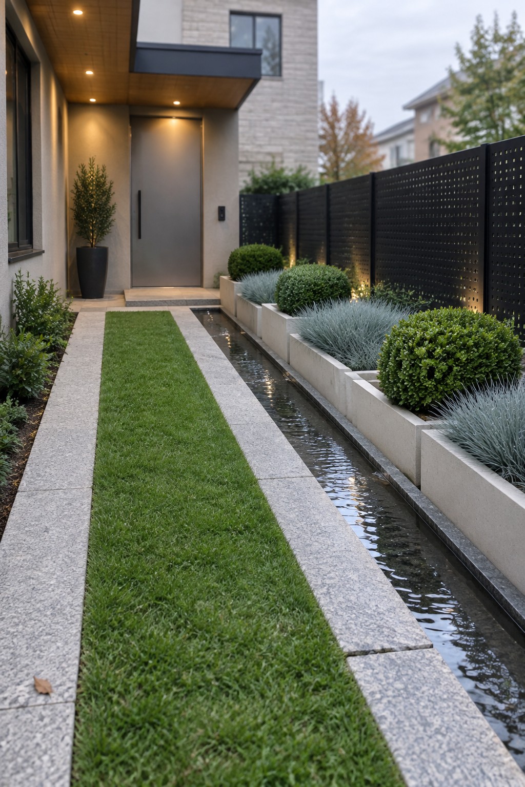 Front yard view showing a long grass path beside a narrow water channel, with raised concrete planters holding layered shrubs and grasses next to a black fence.