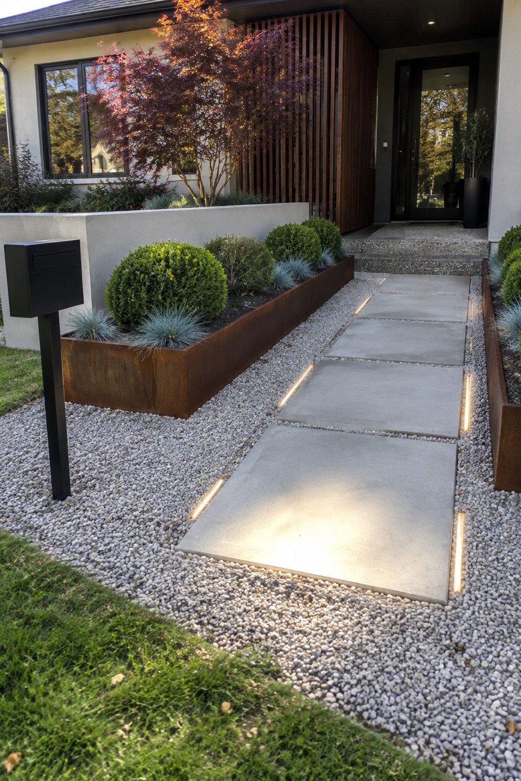 Modern lit concrete pathway on gravel beside rusted steel planters and mailbox