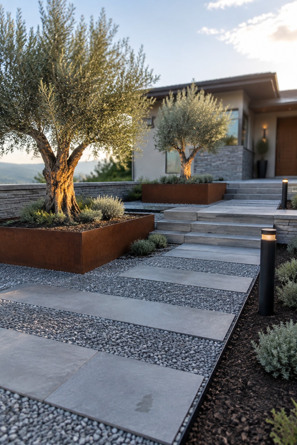 A modern front yard with raised rectangular rusted metal planters holding olive trees and shrubs, large gray stone pavers set in gravel, and steps leading to a house.