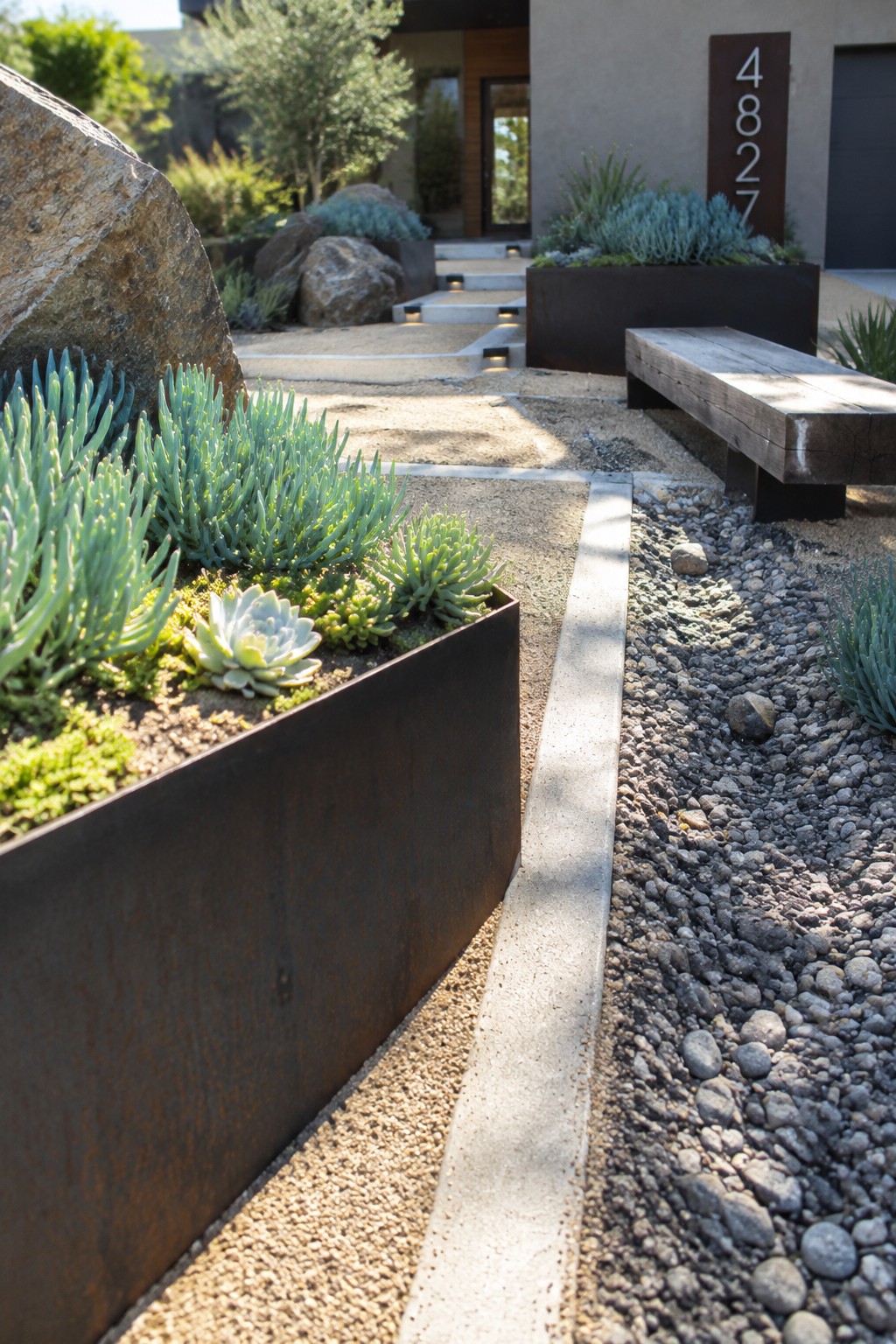 A modern front yard with dark metal raised planters holding succulents, gravel paths divided by concrete strips, and a large rock on the left.