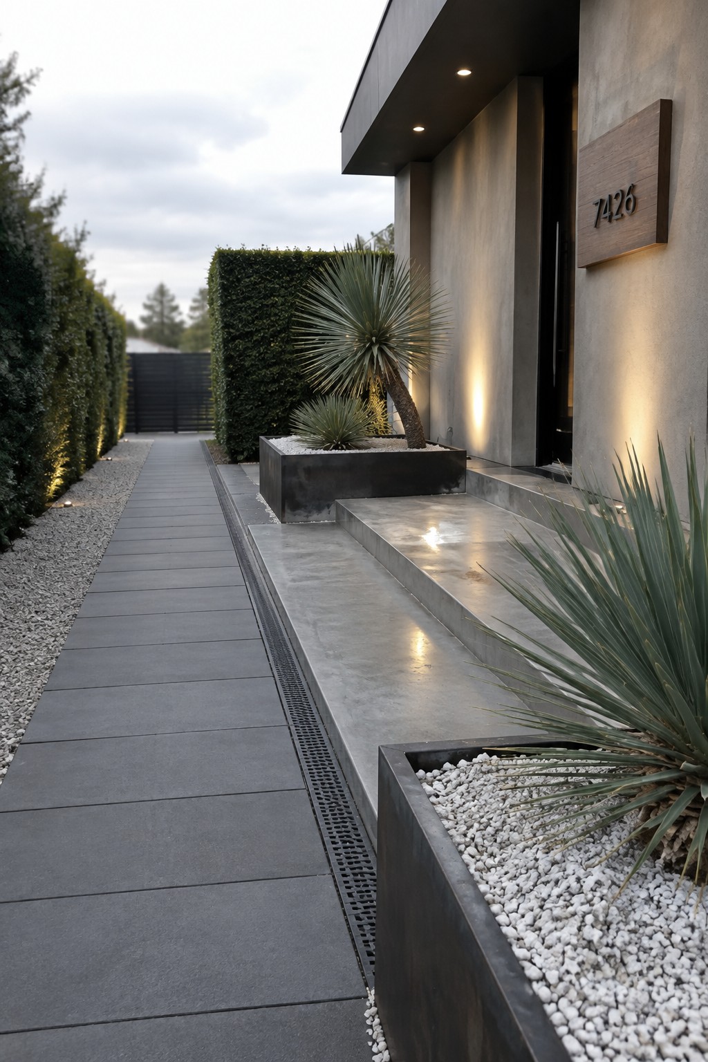 Modern front yard with a long paved walkway, dark metal raised planters holding yucca plants in white gravel, and concrete steps leading to a house entrance.