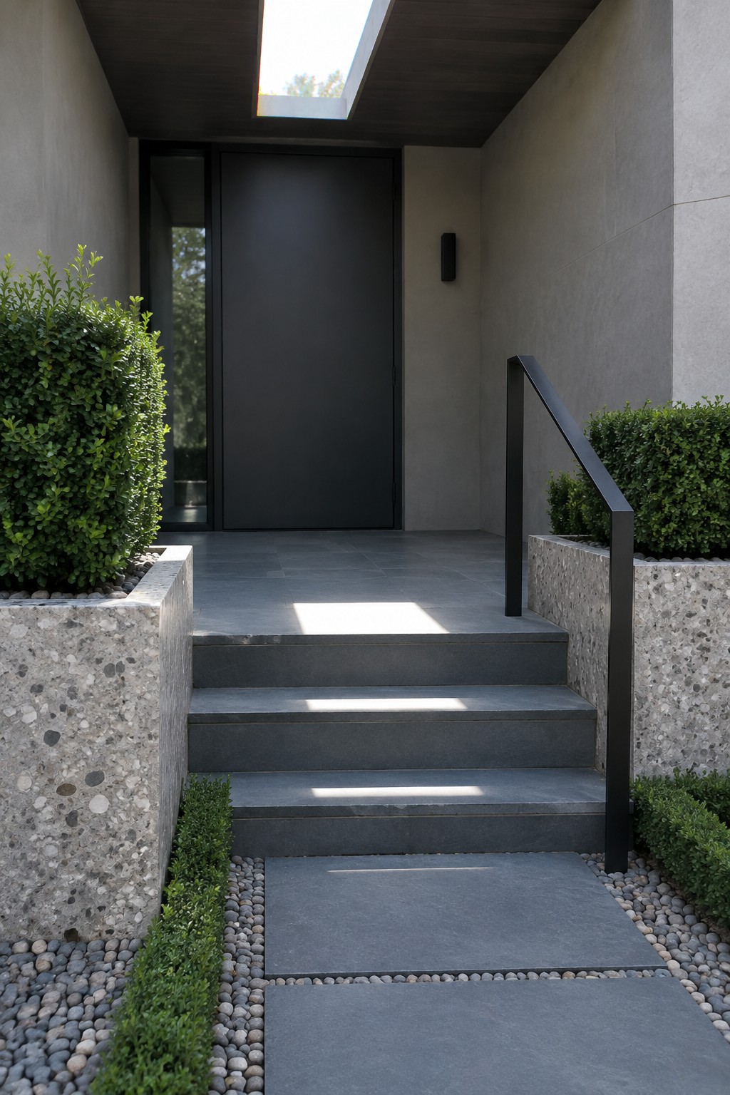 Front entry with dark door, three stone steps, raised speckled concrete planters holding shrubs, and gravel along the path.