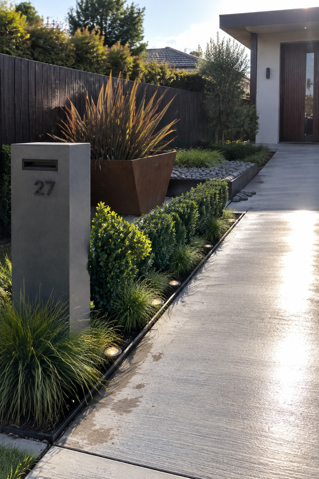 Modern front yard with a concrete walkway bordered by straight, edged planting beds containing low green shrubs, grasses, and small ground lights, next to a concrete mailbox pillar numbered 27.