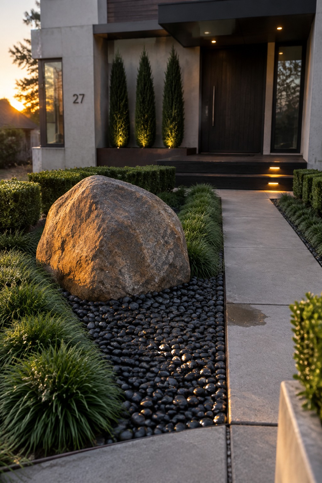 A large brown boulder sits in a bed of black pebbles next to a concrete walkway leading to a modern house entrance with dark wood door and tall shrubs.
