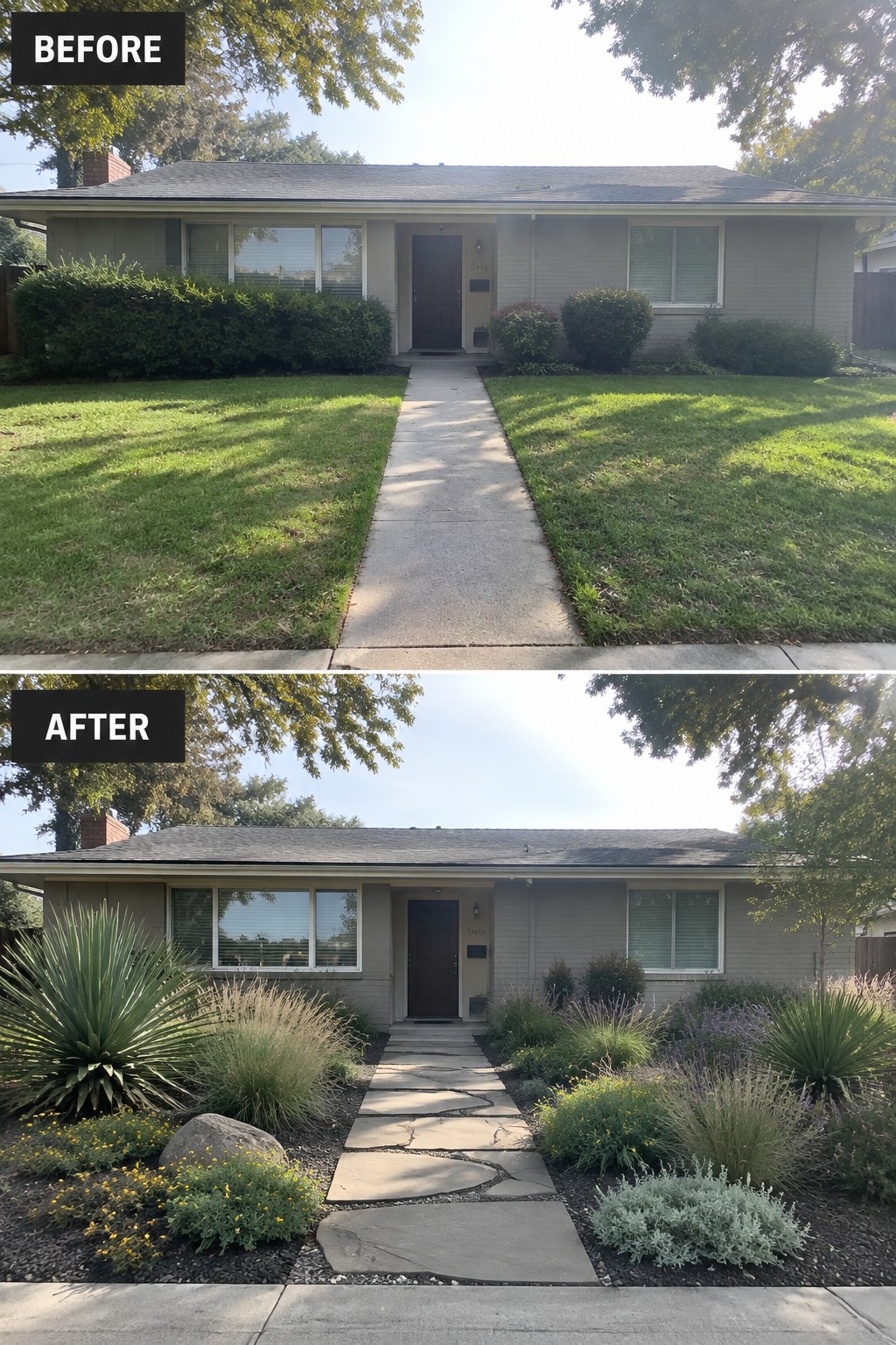 Before and after house front yard with lawn replaced by xeriscaped plants and flagstone path