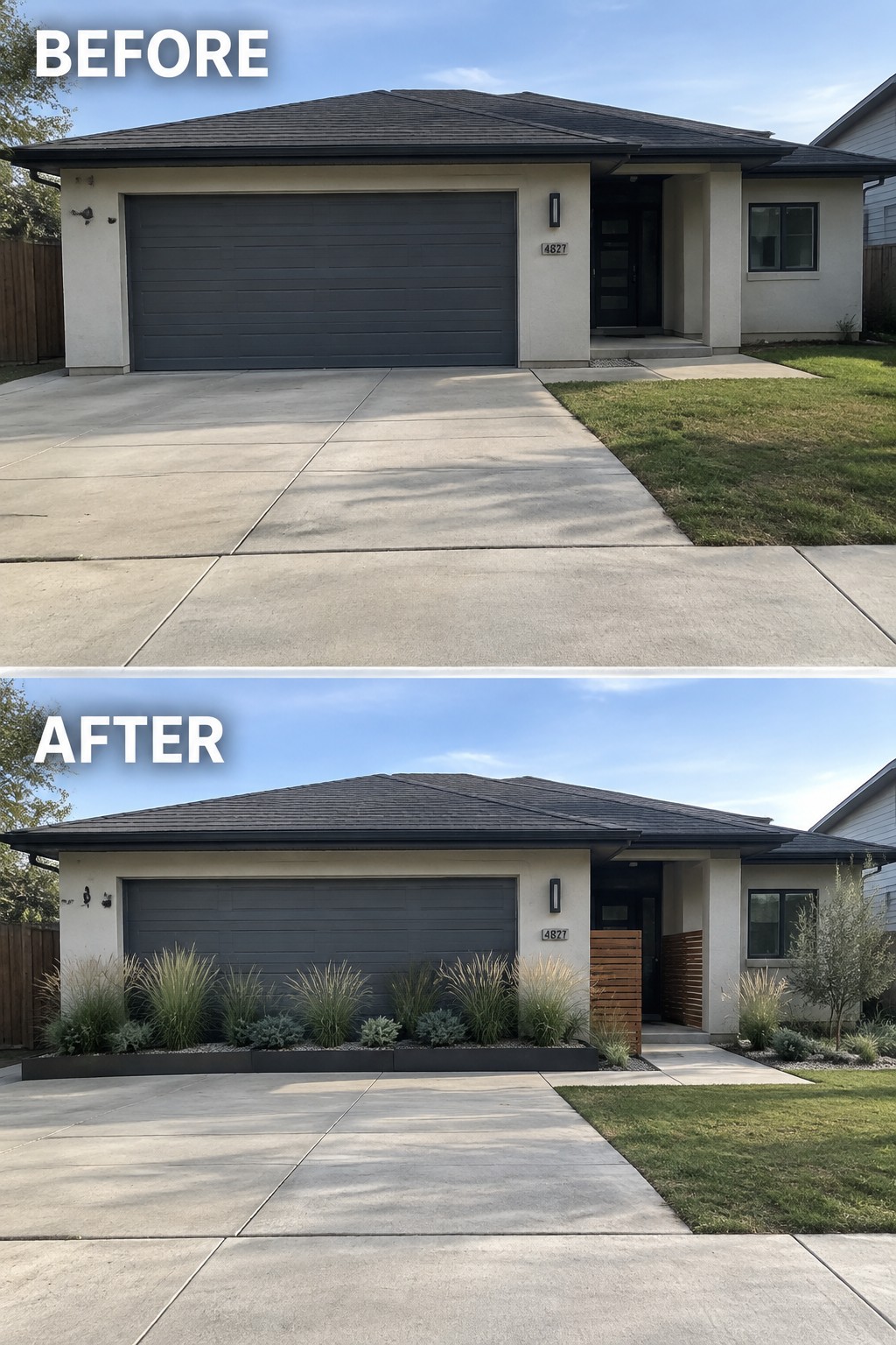 Before and after of beige house with added landscaping, plants and garden beds.