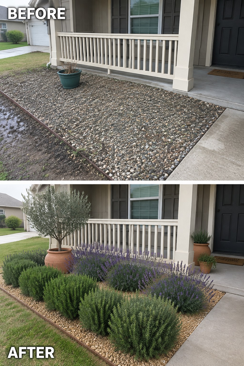 Before and after of gravel area transformed into garden with shrubs, lavender, and potted trees.