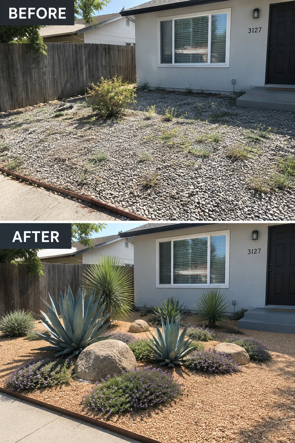 Before and after of front yard transformed with agave, rocks, and purple flowers.