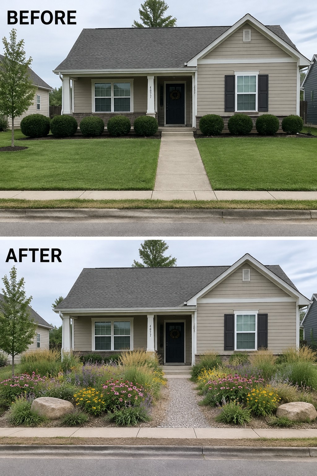 Before-and-after image of a front yard with plain lawn and shrubs changed to colorful planted beds with flowers and grasses along a gravel path.