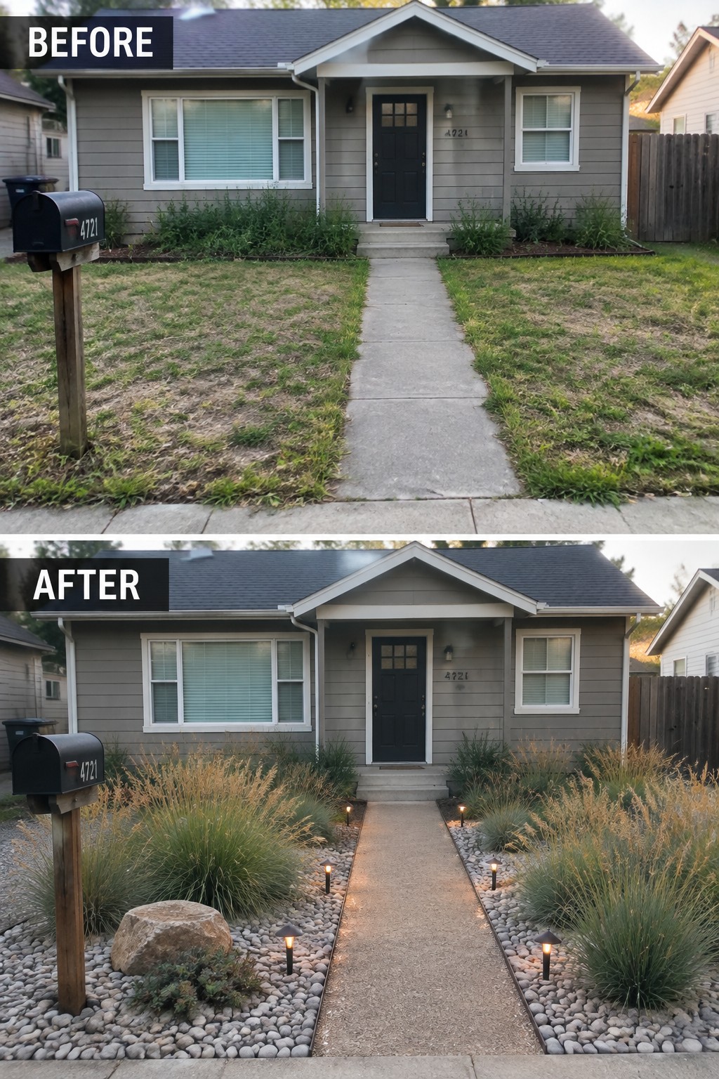 Before and after of gray house with xeriscaped yard, rocks, grasses and path lights.