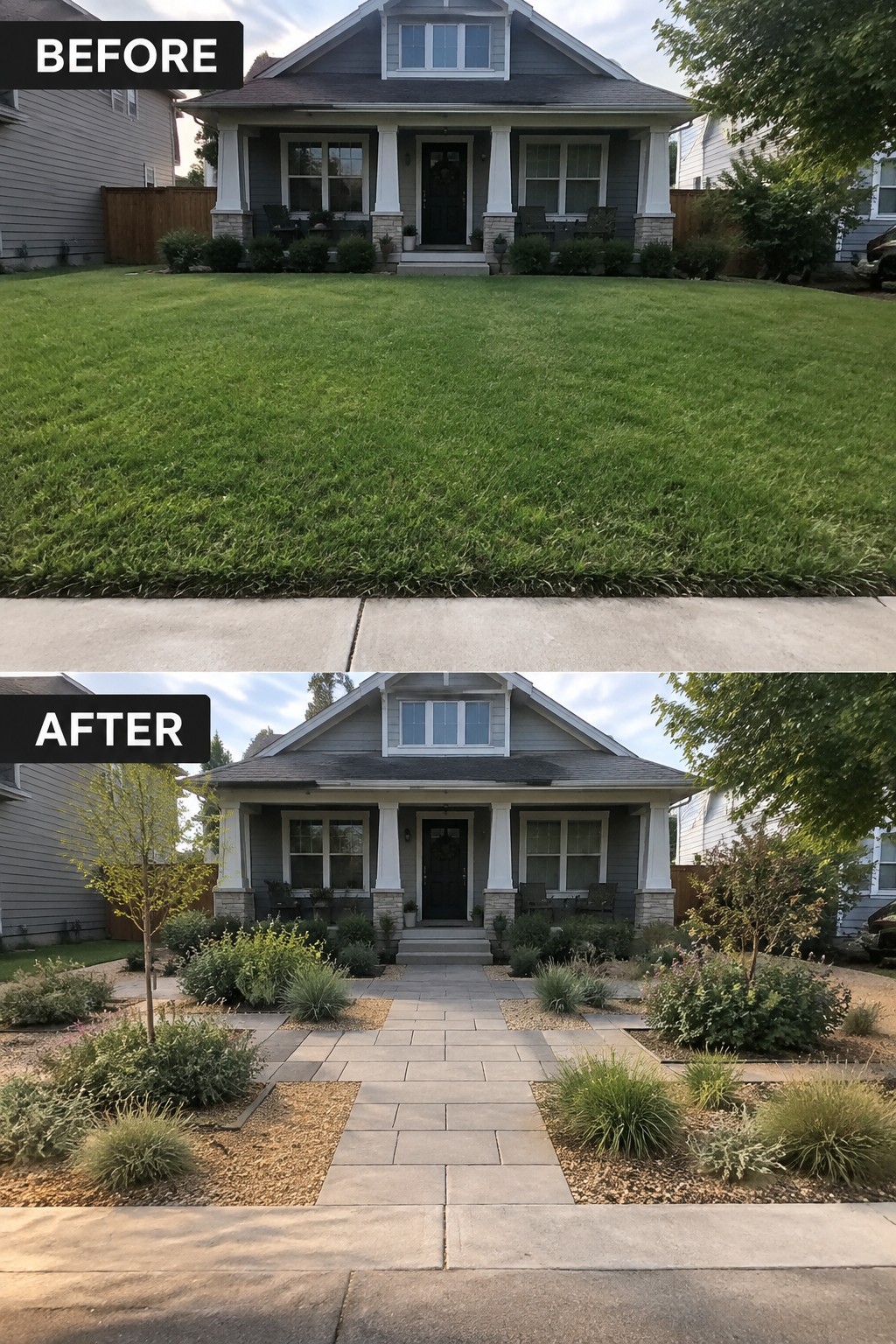 House front yard before grassy lawn, after with stone path, gravel and shrubs.