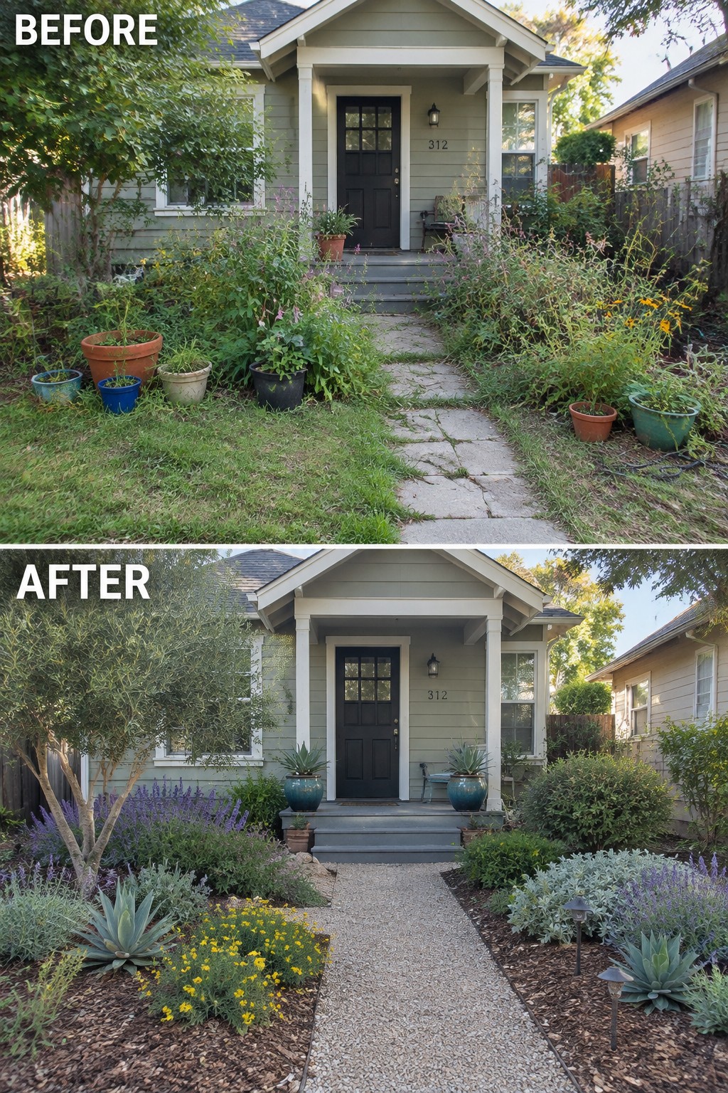 Before and after of overgrown versus landscaped front yard with gravel path and plants