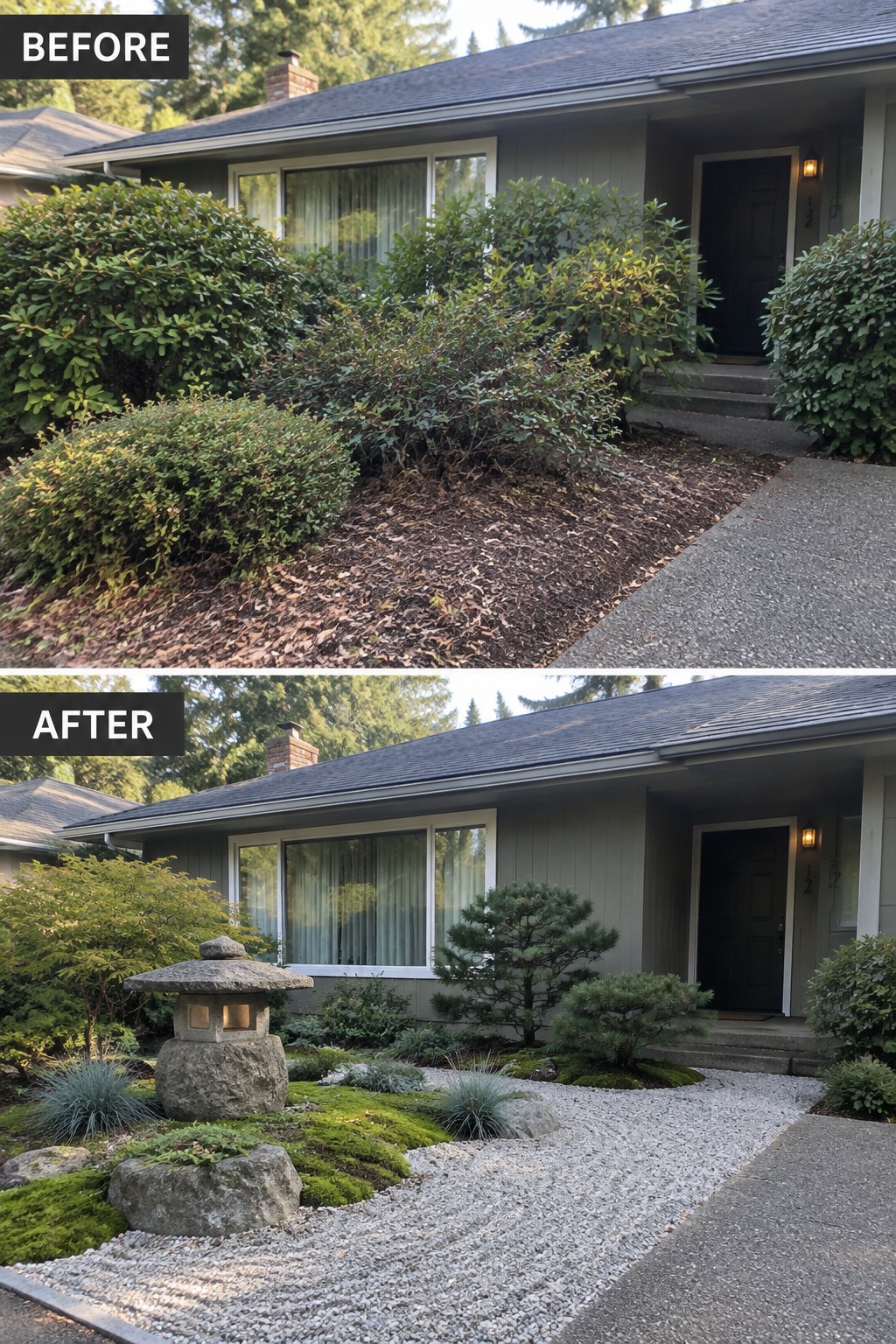 Before-and-after image of an overgrown front yard changed into a structured landscape with gravel, moss, rocks, and a stone lantern.