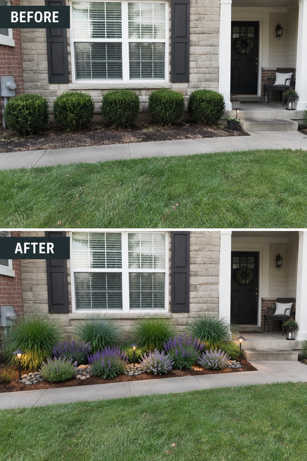 Before and after house landscaping with green shrubs replaced by purple flowers and grasses