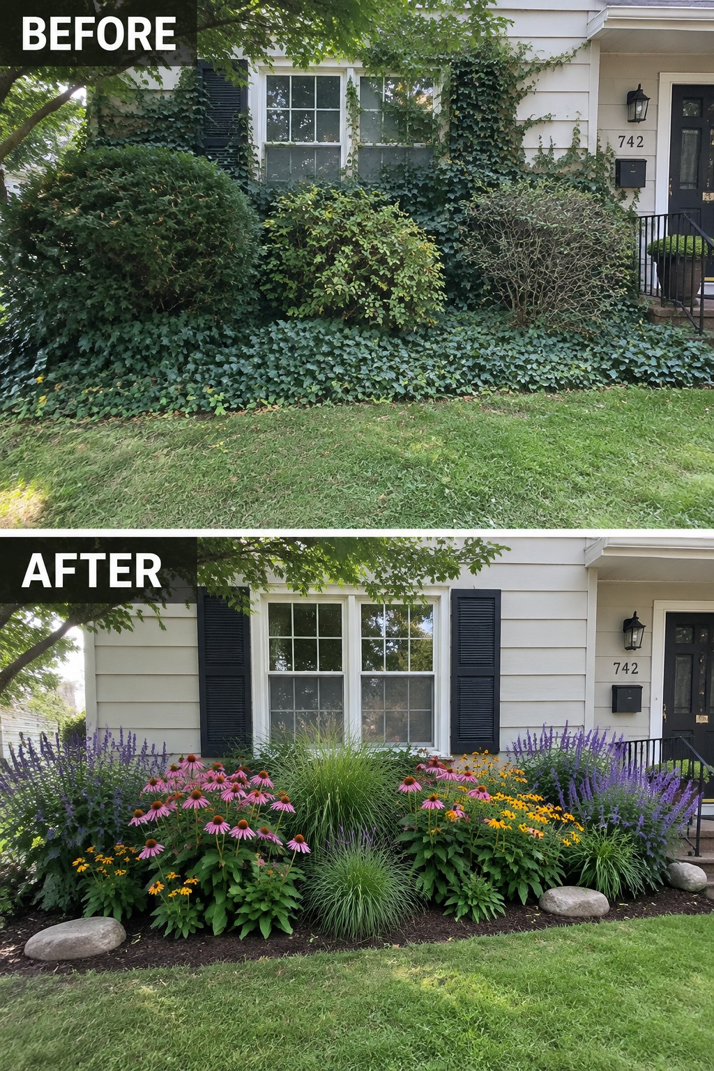 House before dense ivy overgrowth and after colorful perennial flower garden bed