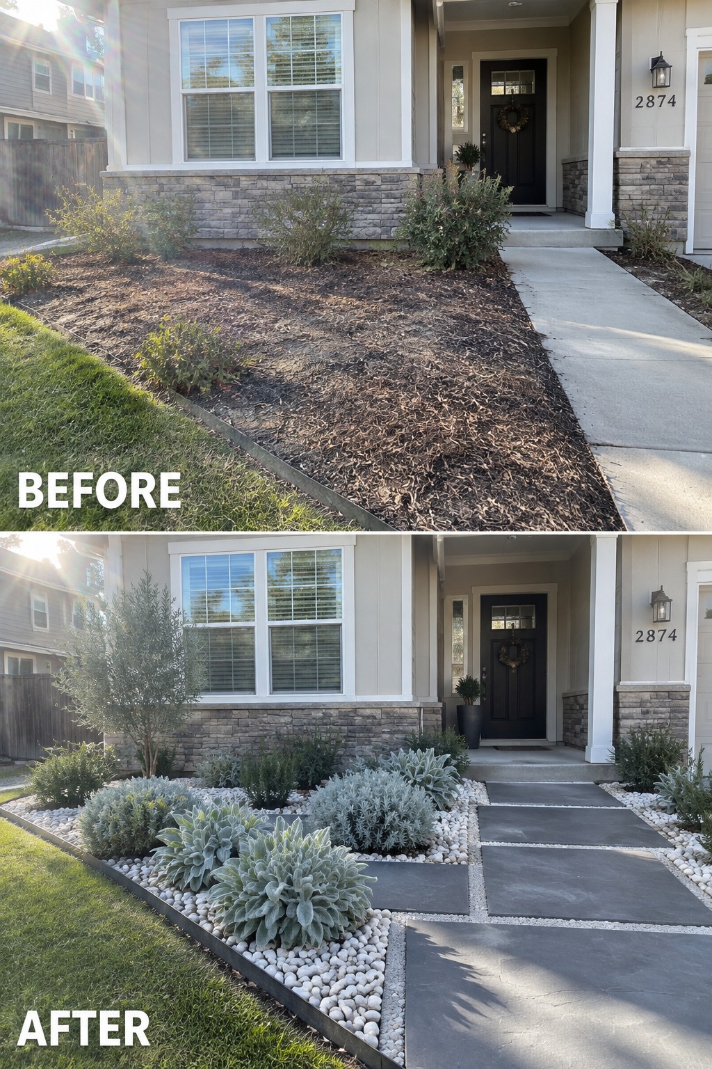 Before-and-after image of a front yard showing bare mulch and scattered plants changed into structured white gravel beds with silver foliage and dark stone pavers.