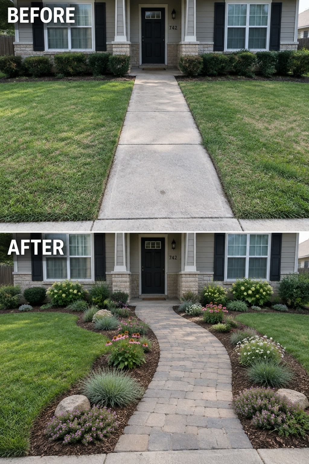 Before and after suburban house yard with curved paver path and colorful flower beds