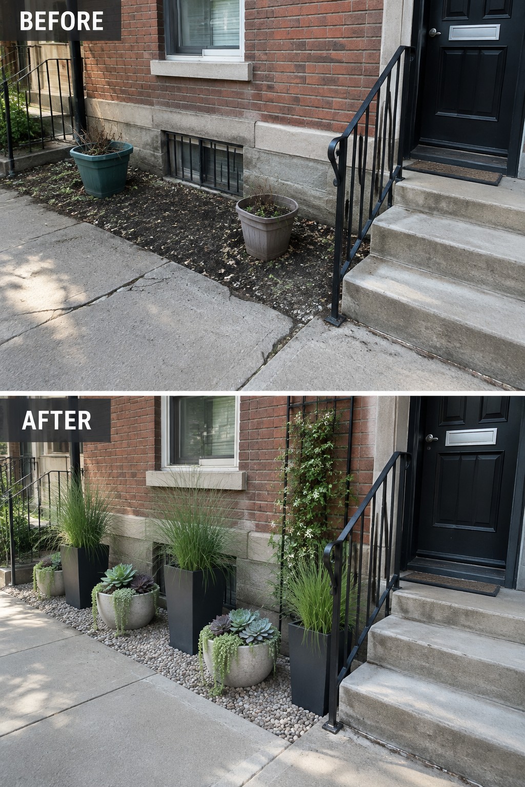 Before-and-after house entrance with planters, gravel, and climbing vines by stairs