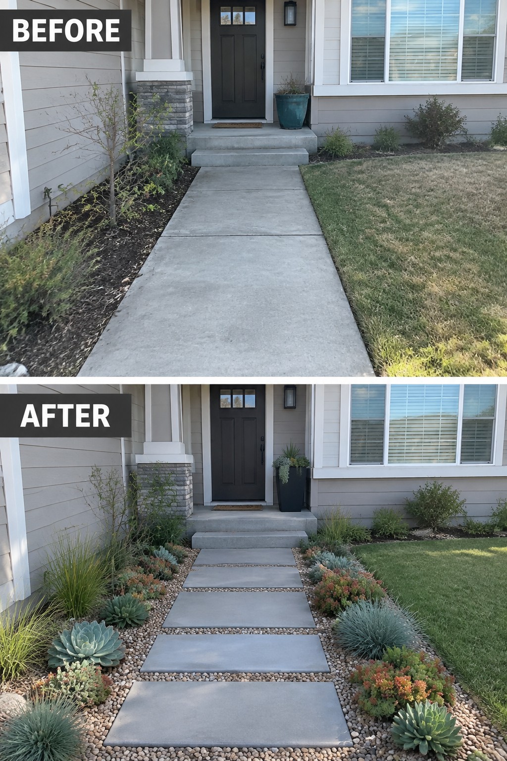 Before-and-after image of a concrete front walkway changed to stepping stone pavers with gravel and planted borders.