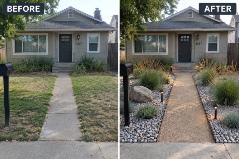 22 Modern Front Yard Makeover Ideas With Low-Maintenance Planting Before and after of gray house with xeriscaped yard, rocks, grasses and path lights.