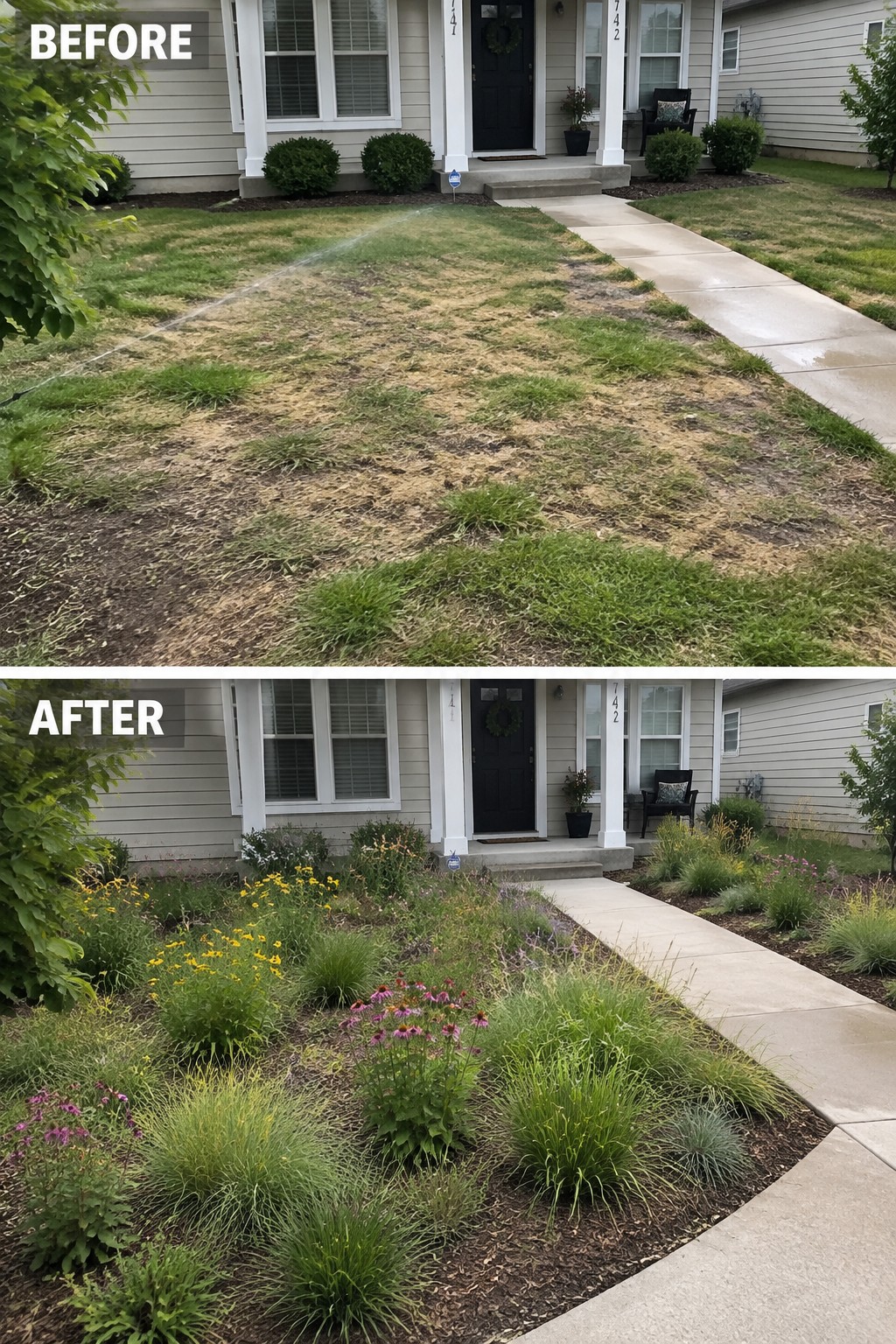 Before-and-after image of a patchy front lawn replaced with mulched garden beds filled with ornamental grasses and flowering plants.