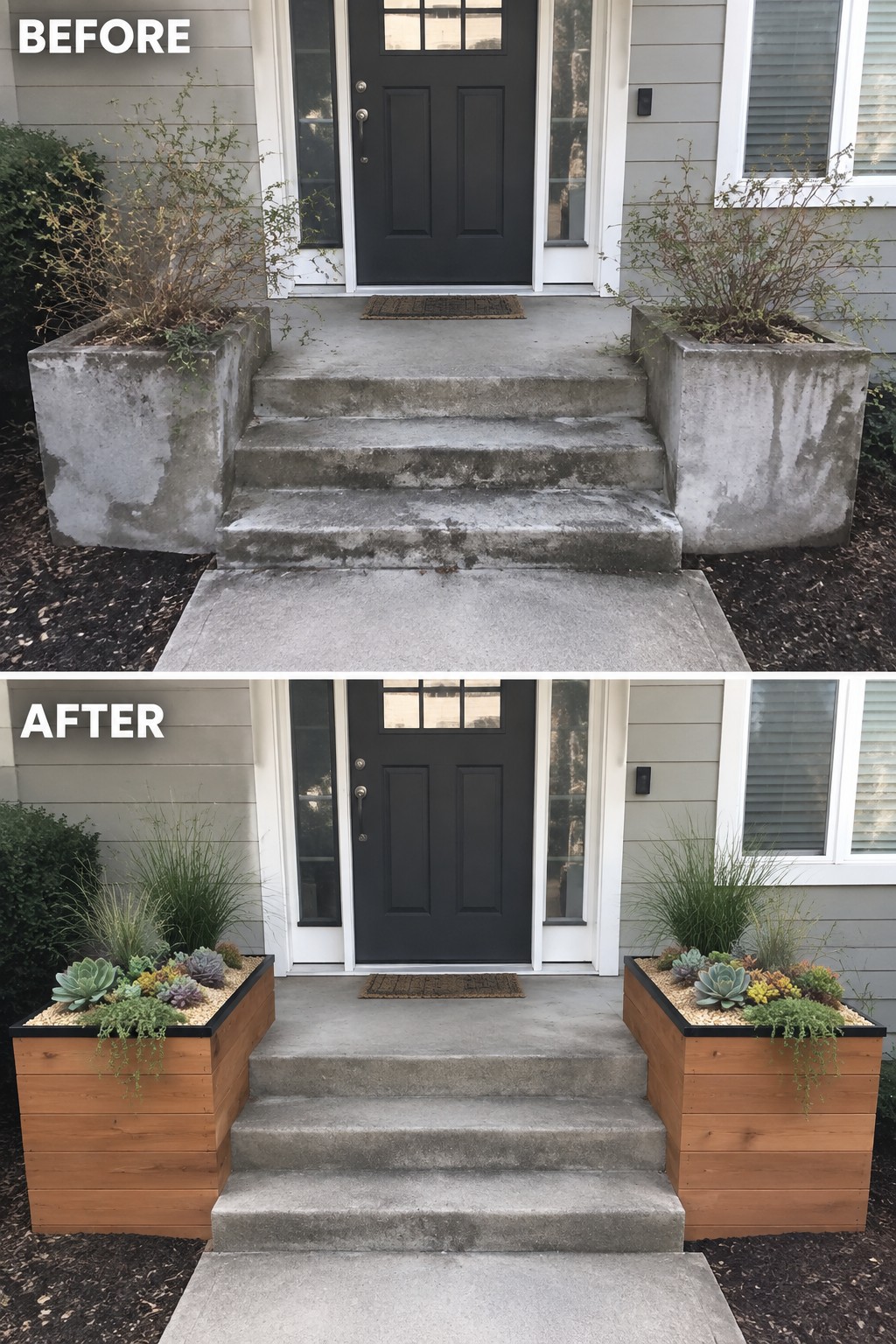 Before-and-after porch steps with concrete planters replaced by wooden succulent boxes.