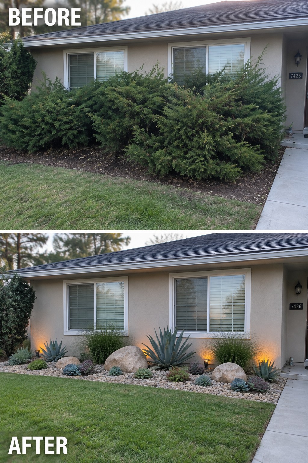 Before and after of house front yard: overgrown bushes replaced by rocks, succulents, and uplights.