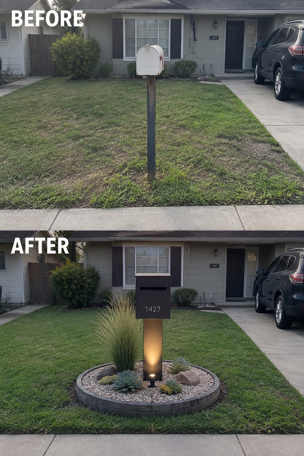 Before and after of outdated mailbox pole transformed into modern lit landscaping feature
