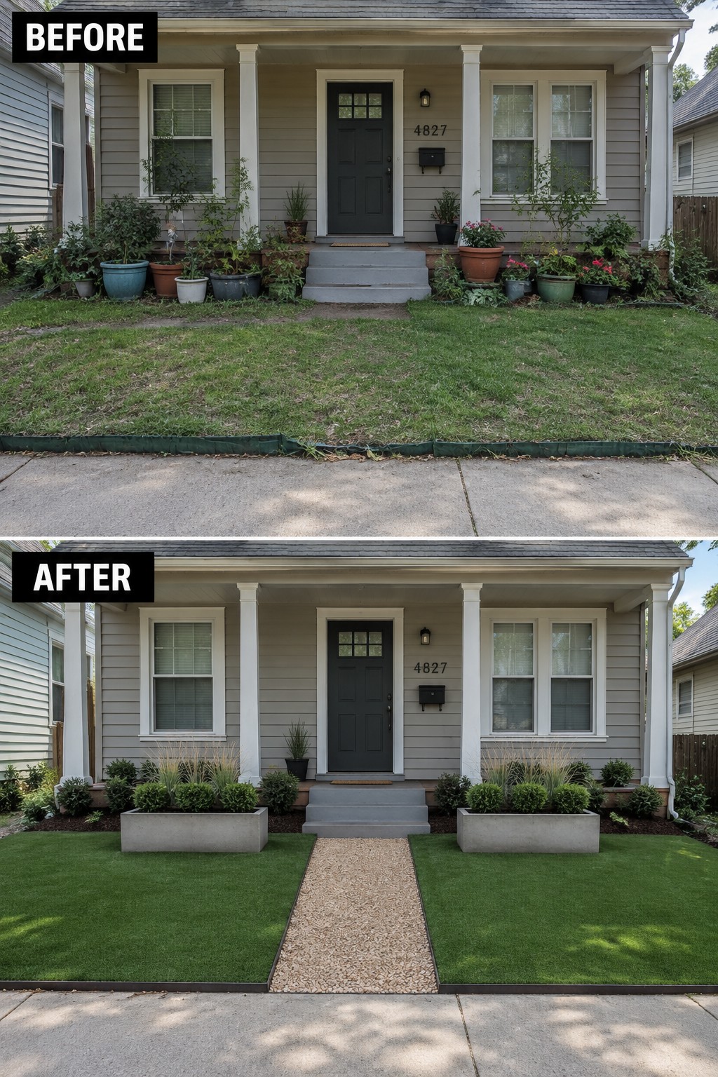 Before-and-after house porch with cluttered pots replaced by tidy planters and artificial turf