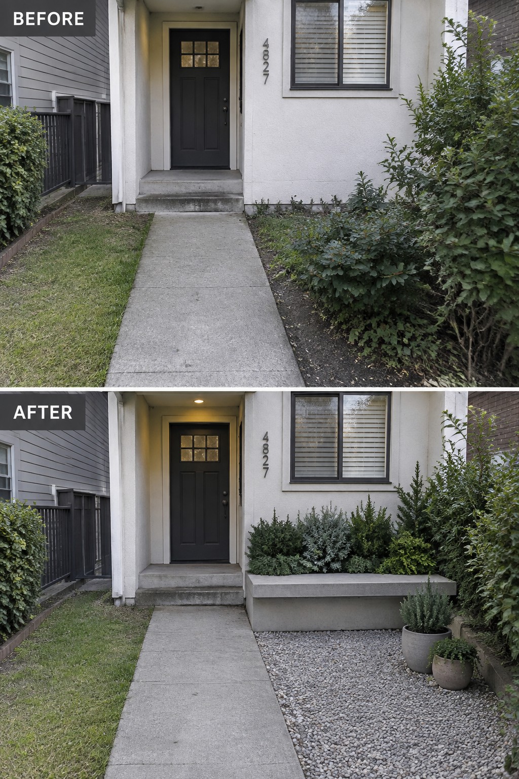 Before-and-after views of house entrance with new gravel, planter bench, and plants.