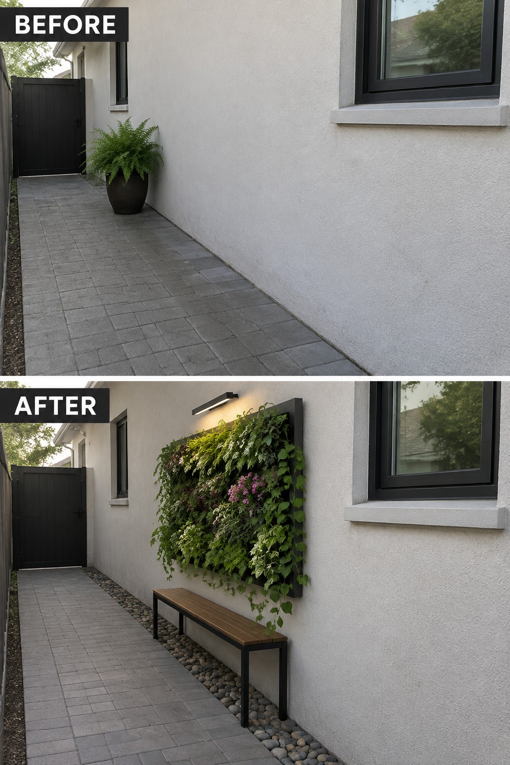 Before-and-after image of a plain paved side walkway transformed with a vertical garden panel, wooden bench, pebble border, and overhead lighting.