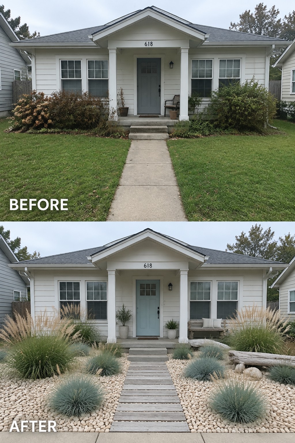 Before and after of white house with new gravel landscaping, plants, and wooden path.