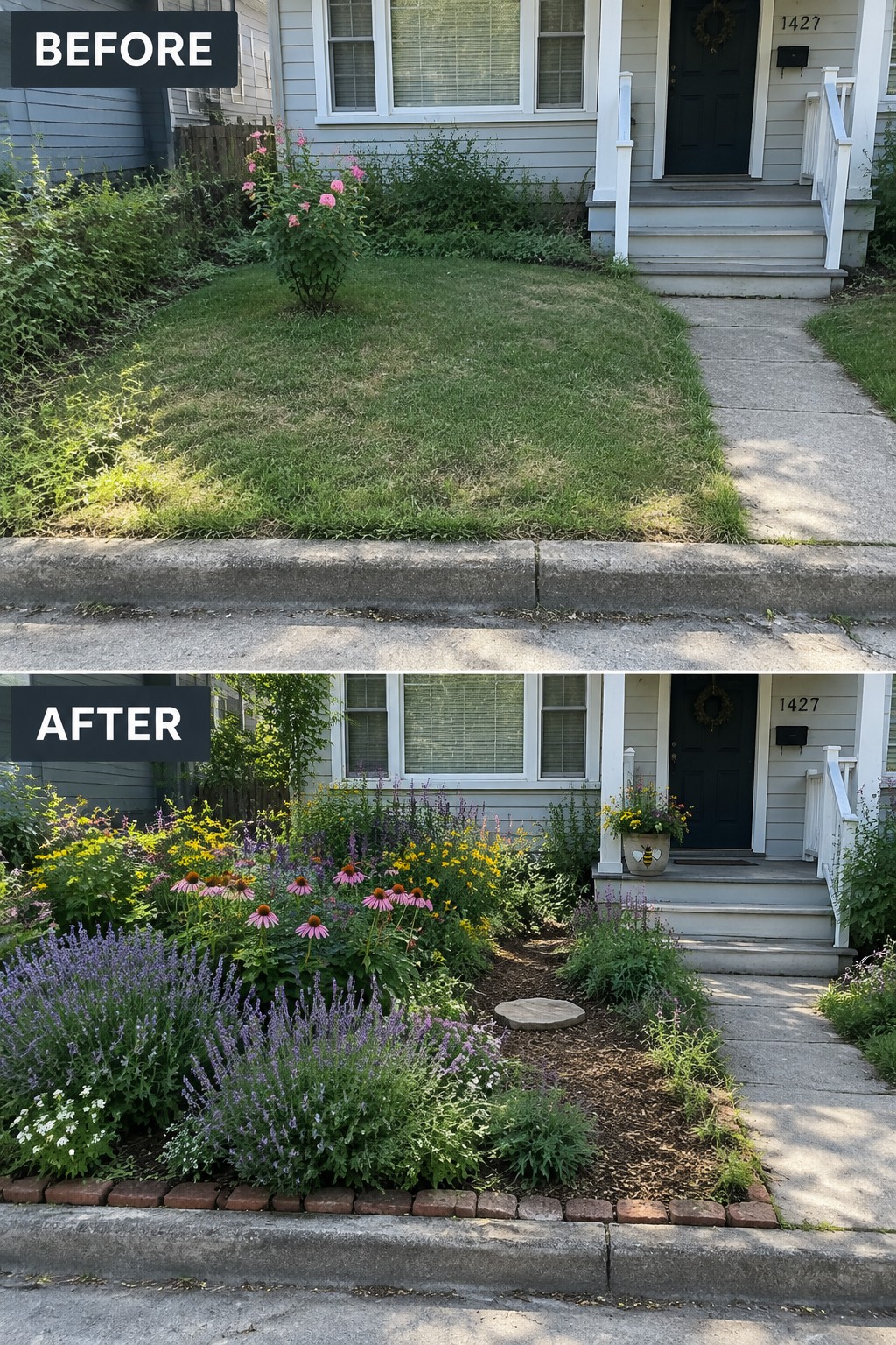 Before-and-after view of front yard transformed from plain lawn to colorful flower garden.