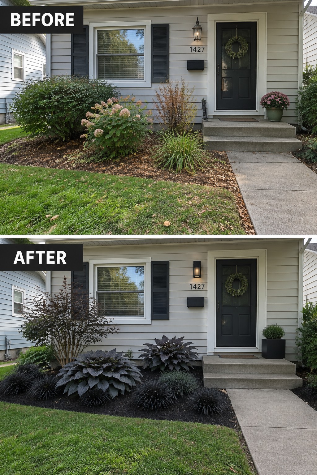 Before and after views of house entrance with colorful vs dark landscaping